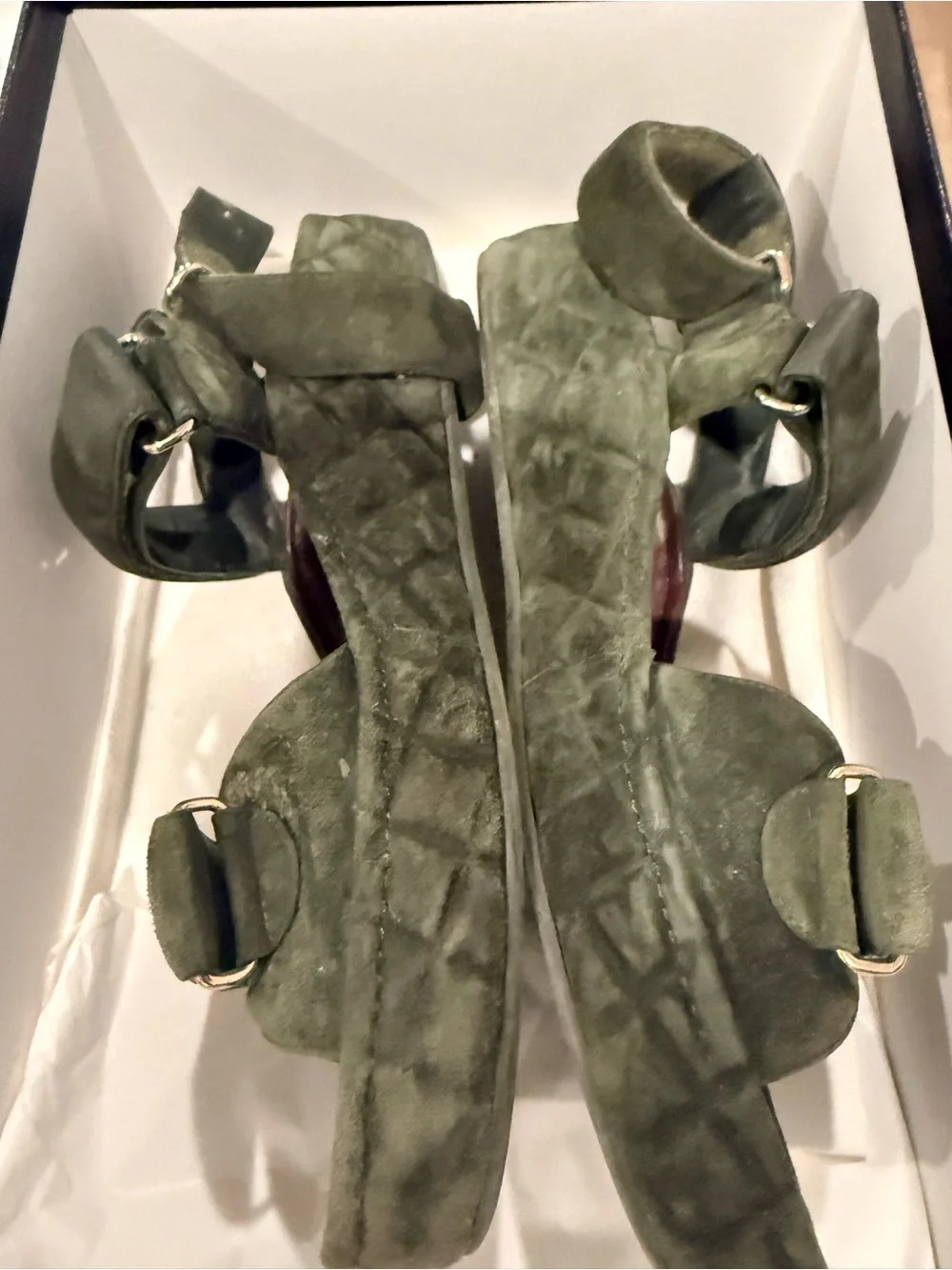 CHANEL Dark Green Dad Quilted Suede Platform Sandals with Gold Logos